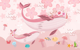 可爱卡通鲸鱼花朵儿童房背景墙