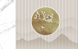 中式格栅山水花鸟画背景墙