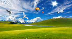 蓝天白云雪山草地