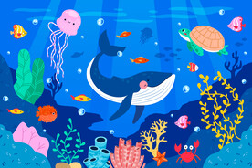 卡通鲸鱼海底世界珊瑚热带鱼背景