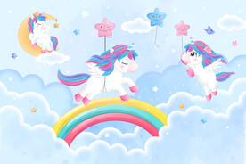 梦幻蓝色天空卡通彩虹独角兽背景