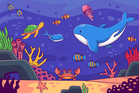 卡通海豚鲸鱼手绘海底世界背景墙