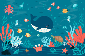 可爱鲸鱼卡通海底世界珊瑚背景墙