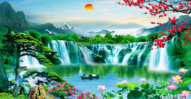 迎客松瀑布山水画