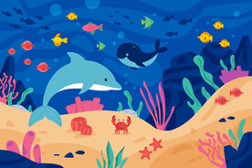 蓝色卡通海豚鲸鱼海底热带鱼背景