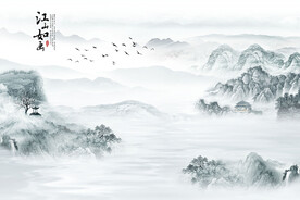 新中式江山如画手绘水墨背景墙