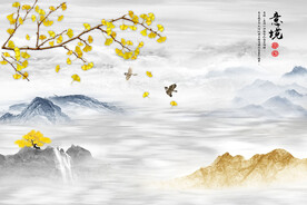 新中式银杏瀑布花鸟山水背景墙