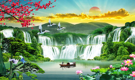 迎客松瀑布山水画背景