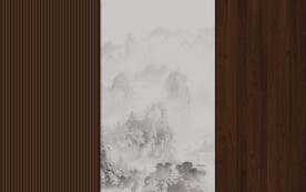 新中式格栅木纹山水画背景墙