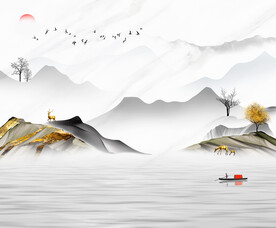 水墨山水画背景墙 装饰画 船