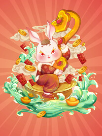 钱兔似锦兔年原创插画