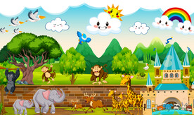 卡通动物园儿童房背景墙