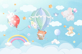 卡通可爱小动物热气球云朵背景墙