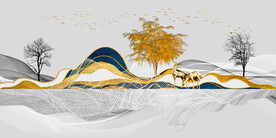 山水画背景墙 弧线 麋鹿