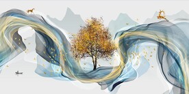 山水画背景墙飘带 弧线 麋鹿