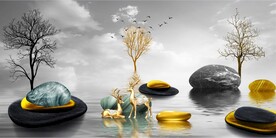 山水画背景墙 石头麋鹿