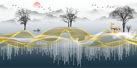 山水画背景墙 麋鹿 弧线