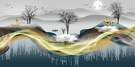 山水画背景墙 麋鹿 弧线