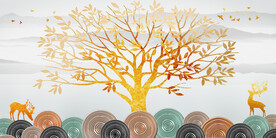 山水画背景墙圆圈 麋鹿 树