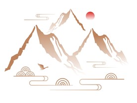 中国风中式水墨祥云山水山纹飞鸟