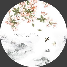 圆形山水花鸟画水墨挂画