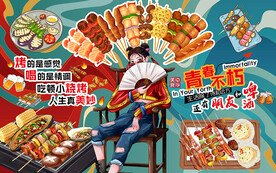 国潮烧烤美食工装背景墙