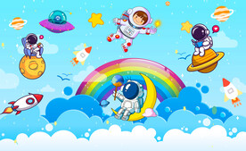 卡通星空太空人儿童房背景墙