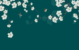 新中式床头花鸟画背景墙壁画