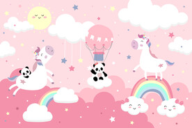 粉色天空卡通彩虹独角兽星空背景