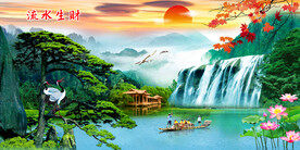 迎客松瀑布山水画