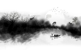 新中式意境水墨山水麋鹿