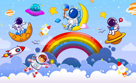 卡通宇航员儿童房背景墙