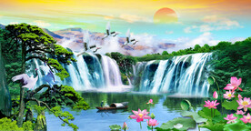 迎客松瀑布山水装饰画