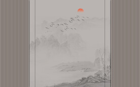 新中式格栅山水画背景墙