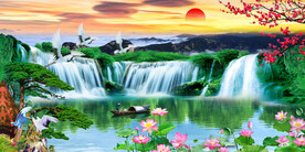 迎客松瀑布山水画