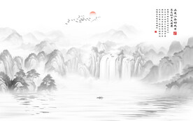 中式禅意水墨山水画