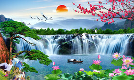 迎客松瀑布山水画