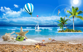 蓝天白云大海沙滩背景墙