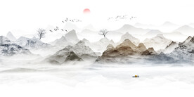 中国风美容院水墨山水画墙画