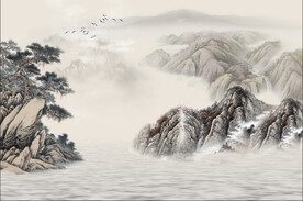 中式电视背景墙国画山水