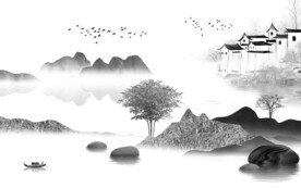 意境 中式灰色山水 TIF分层