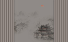 新中式格栅山水画背景墙