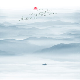 新中式餐厅水墨山水画背景墙