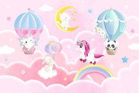 梦幻粉色卡通热气球动物儿童背景