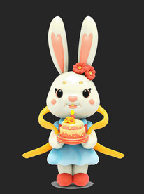 3D立体捧着蛋糕的小兔子