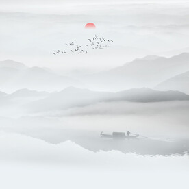 新中式现代餐厅水墨山水画背景墙