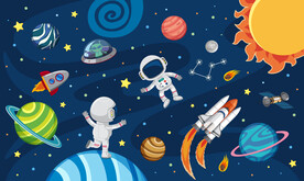 太空星球卡通宇航员火箭星空背景