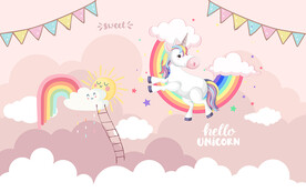 可爱彩虹独角兽儿童房背景墙