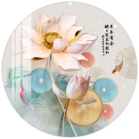 荷花九鱼图几何圆形装饰画
