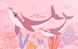 可爱鲸鱼粉色儿童房背景墙